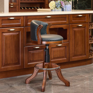 Adjustable Swivel Bar Stool in Genuine Leather with Solid Wood Frame  Wooden Bazar
