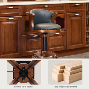 Adjustable Swivel Bar Stool in Genuine Leather with Solid Wood Frame  Wooden Bazar