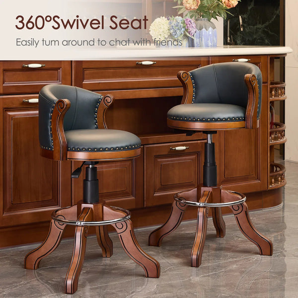 Adjustable Swivel Bar Stool in Genuine Leather with Solid Wood Frame  Wooden Bazar