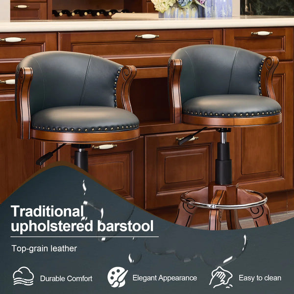 Adjustable Swivel Bar Stool in Genuine Leather with Solid Wood Frame  Wooden Bazar