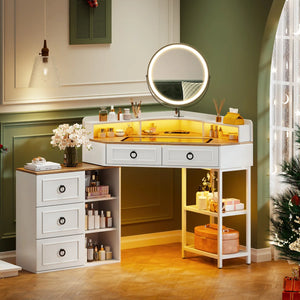 Aggappe Corner Makeup Vanity with LED Mirror and USB Ports  Wooden Bazar
