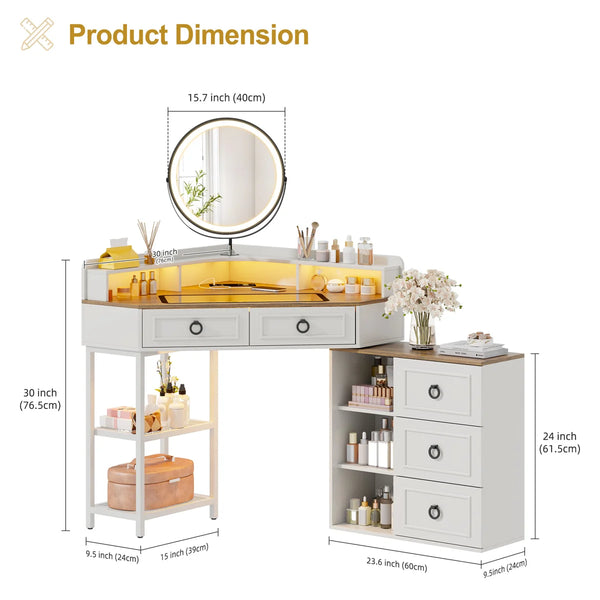 Aggappe Corner Makeup Vanity with LED Mirror and USB Ports  Wooden Bazar