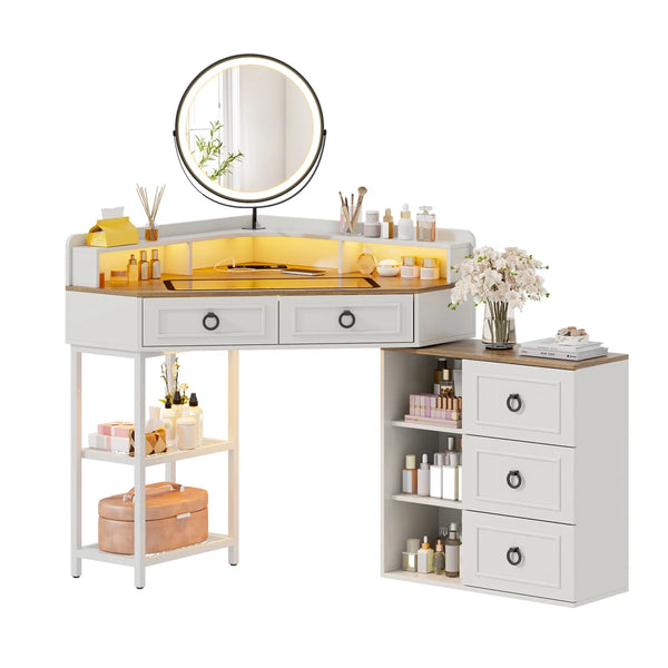 Aggappe Corner Makeup Vanity with LED Mirror and USB Ports  Wooden Bazar