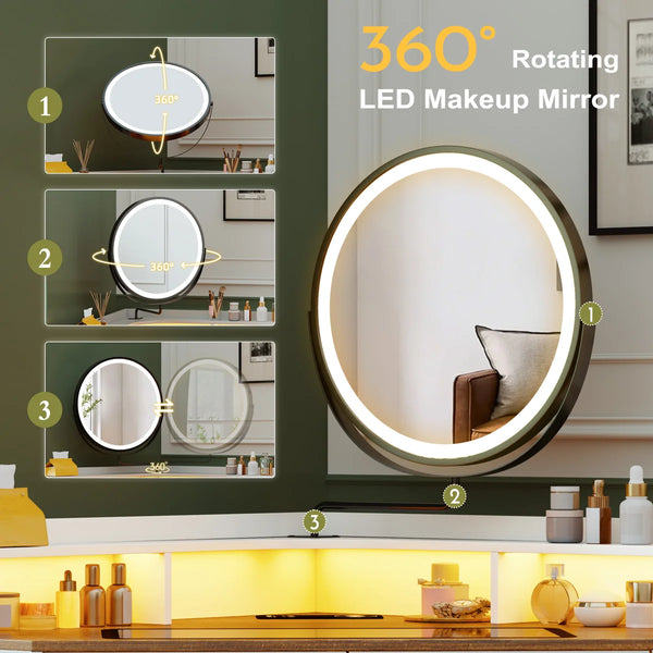 Aggappe Corner Makeup Vanity with LED Mirror and USB Ports  Wooden Bazar