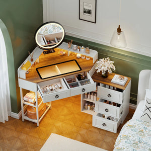 Aggappe Corner Makeup Vanity with LED Mirror and USB Ports  Wooden Bazar
