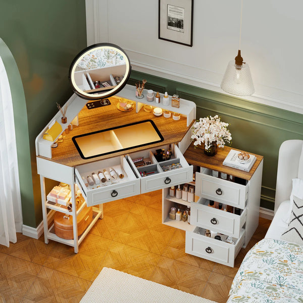 Aggappe Corner Makeup Vanity with LED Mirror and USB Ports  Wooden Bazar