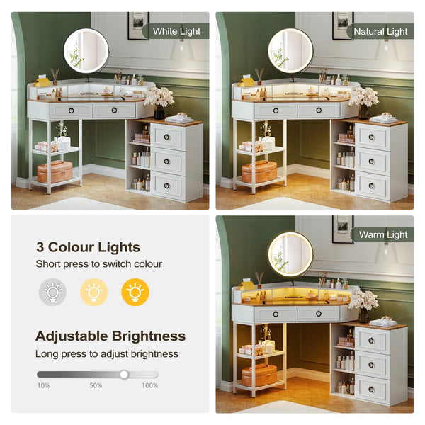Aggappe Corner Makeup Vanity with LED Mirror and USB Ports  Wooden Bazar