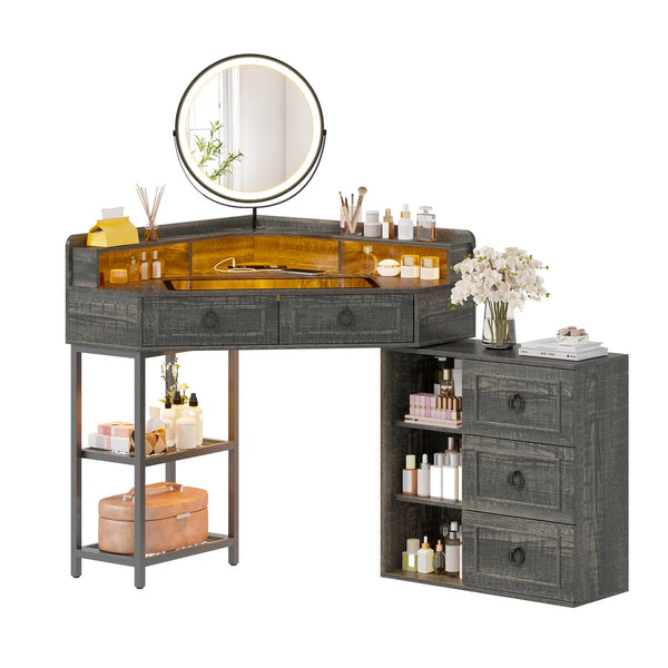 Aggappe Corner Makeup Vanity with LED Mirror and USB Ports  Wooden Bazar