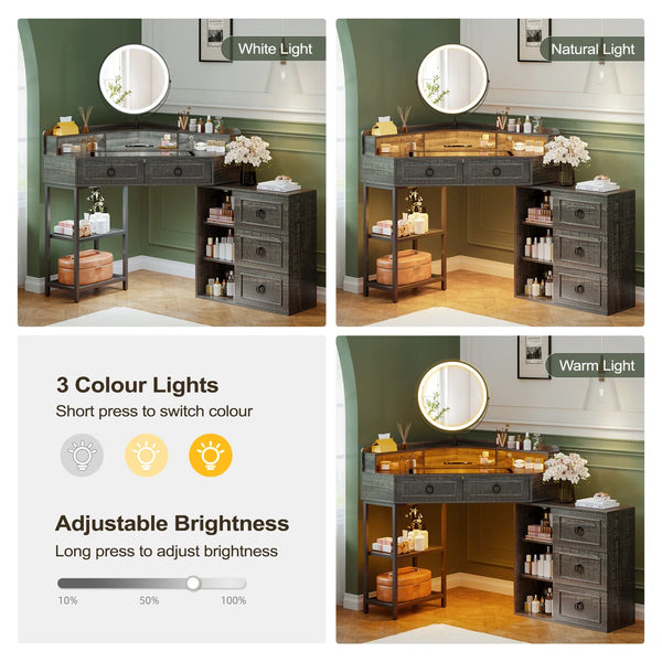 Aggappe Corner Makeup Vanity with LED Mirror and USB Ports  Wooden Bazar