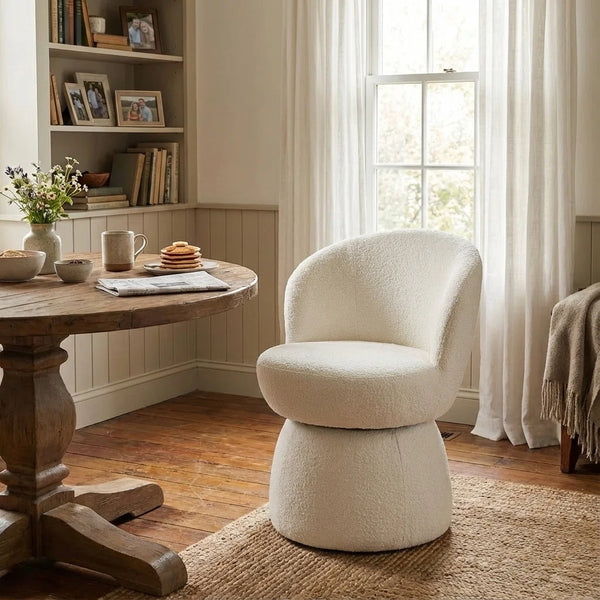 Allis Boucle Swivel Barrel Dining Chair  Wooden Bazar
