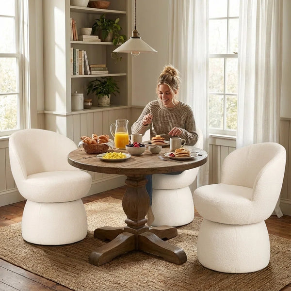 Allis Boucle Swivel Barrel Dining Chair  Wooden Bazar