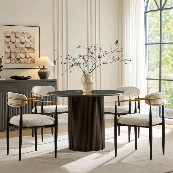 Canizor 4 Seater Faux Marble and Wood Dining Table Set with Boucle Chairs