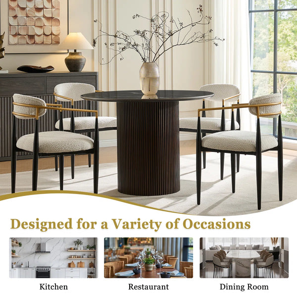 Canizor 4 Seater Faux Marble and Wood Dining Table Set with Boucle Chairs