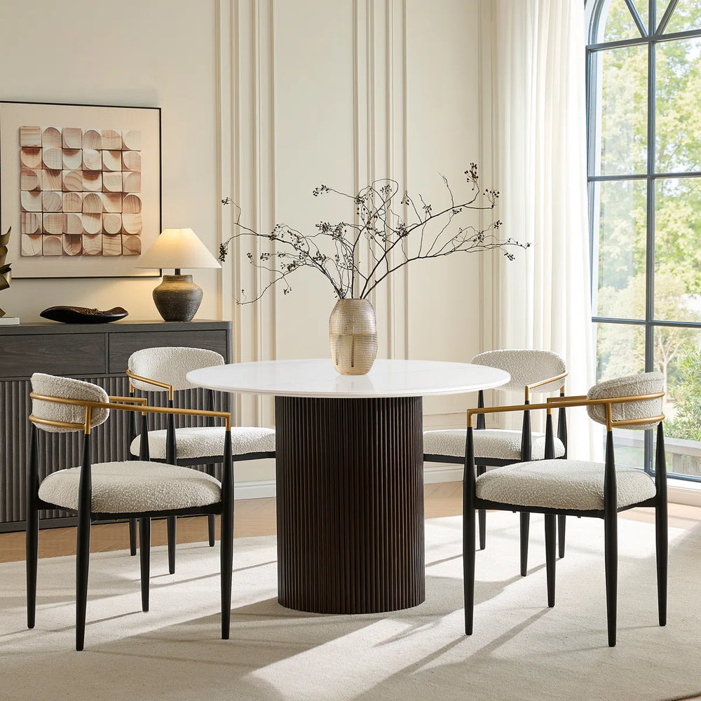 Canizor 4 Seater Faux Marble and Wood Dining Table Set with Boucle Chairs