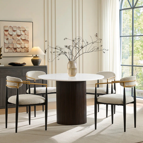 Canizor 4 Seater Faux Marble and Wood Dining Table Set with Boucle Chairs