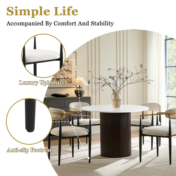 Canizor 4 Seater Faux Marble and Wood Dining Table Set with Boucle Chairs