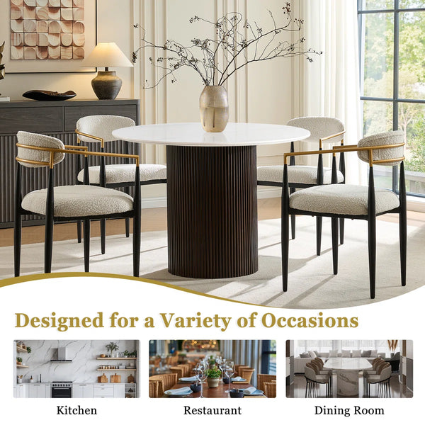 Canizor 4 Seater Faux Marble and Wood Dining Table Set with Boucle Chairs