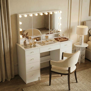 Angrand 53.6'' H Makeup Vanity with Lighted Tri-Fold Mirror and 9 Drawers  Wooden Bazar