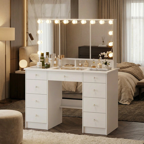 Angrand 53.6'' H Makeup Vanity with Lighted Tri-Fold Mirror and 9 Drawers  Wooden Bazar