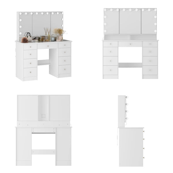 Angrand 53.6'' H Makeup Vanity with Lighted Tri-Fold Mirror and 9 Drawers  Wooden Bazar