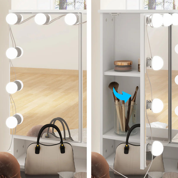 Angrand 53.6'' H Makeup Vanity with Lighted Tri-Fold Mirror and 9 Drawers  Wooden Bazar