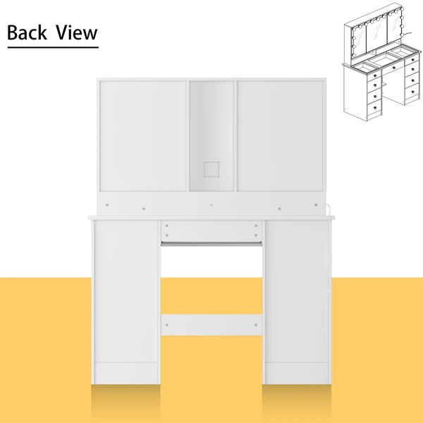 Angrand 53.6'' H Makeup Vanity with Lighted Tri-Fold Mirror and 9 Drawers  Wooden Bazar