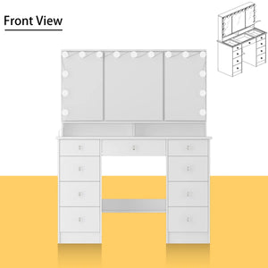 Angrand 53.6'' H Makeup Vanity with Lighted Tri-Fold Mirror and 9 Drawers  Wooden Bazar