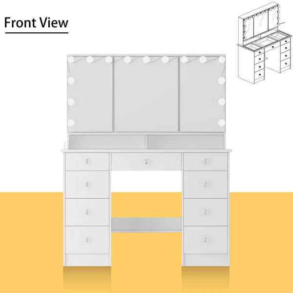 Angrand 53.6'' H Makeup Vanity with Lighted Tri-Fold Mirror and 9 Drawers  Wooden Bazar