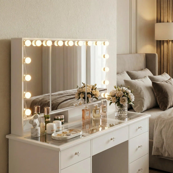Angrand 53.6'' H Makeup Vanity with Lighted Tri-Fold Mirror and 9 Drawers  Wooden Bazar