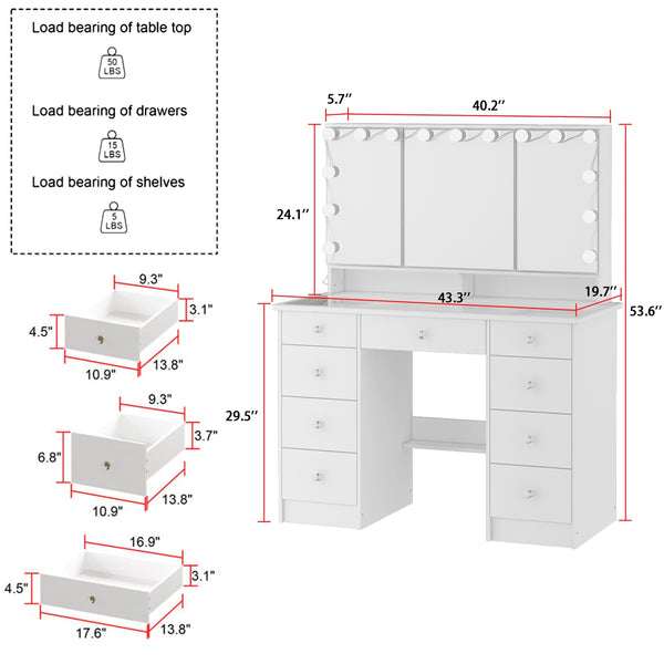 Angrand 53.6'' H Makeup Vanity with Lighted Tri-Fold Mirror and 9 Drawers  Wooden Bazar