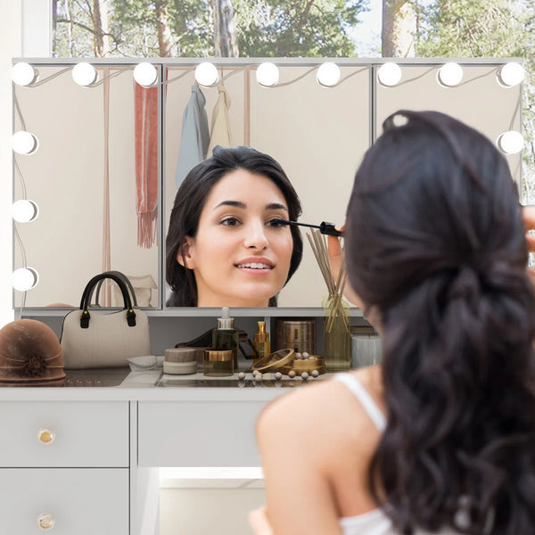Angrand 53.6'' H Makeup Vanity with Lighted Tri-Fold Mirror and 9 Drawers  Wooden Bazar