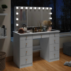 Angrand 53.6'' H Makeup Vanity with Lighted Tri-Fold Mirror and 9 Drawers  Wooden Bazar