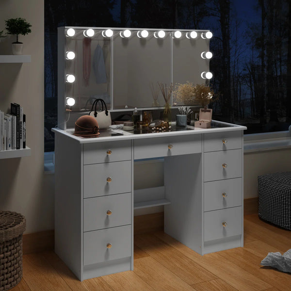 Angrand 53.6'' H Makeup Vanity with Lighted Tri-Fold Mirror and 9 Drawers  Wooden Bazar