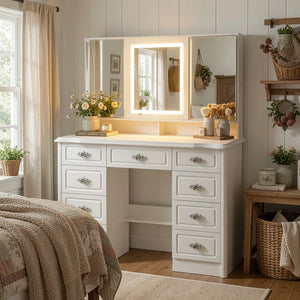 Anietra 9-Drawer Vanity With 3-Mirror  Wooden Bazar