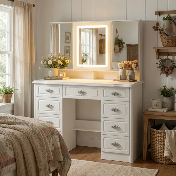 Anietra 9-Drawer Vanity With 3-Mirror  Wooden Bazar