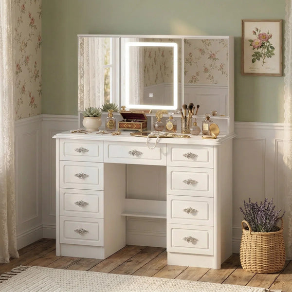 Anietra 9-Drawer Vanity With 3-Mirror  Wooden Bazar