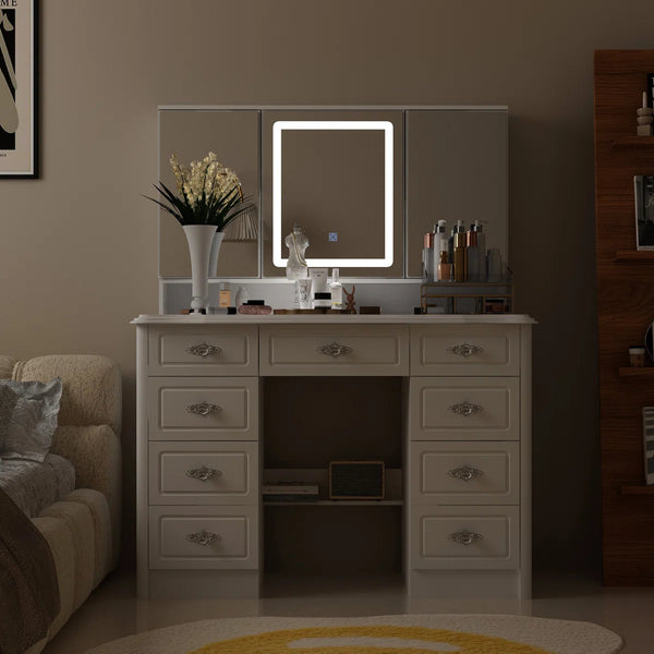 Anietra 9-Drawer Vanity With 3-Mirror  Wooden Bazar