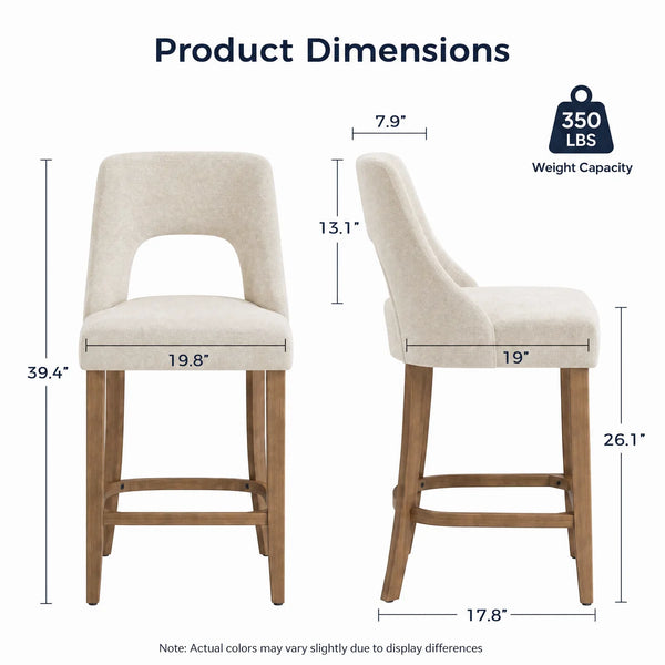 Arlette 26" Modern Upholstered Counter Height Bar Stools with Wood Legs for Kitchen Island Dining Room (Set of 2)  Wooden Bazar