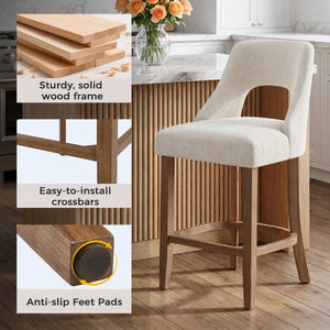 Arlette 26" Modern Upholstered Counter Height Bar Stools with Wood Legs for Kitchen Island Dining Room (Set of 2)  Wooden Bazar