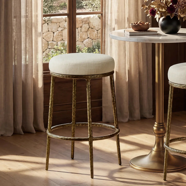 Modern glam counter stool with hand-hammered metal legs
