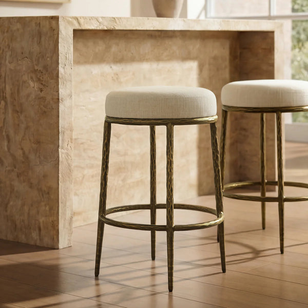 Modern Glam Counter Stool with Hand-Hammered Metal Legs  Wooden Bazar