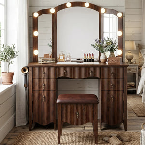 Avenall Vintage Makeup Vanity Desk with Arched Tri-Fold Lighted Mirror, Glass Top, Fluted Drawers, Hair Dryer Holder & Built-In Power Outlet - Walnut  Wooden Bazar