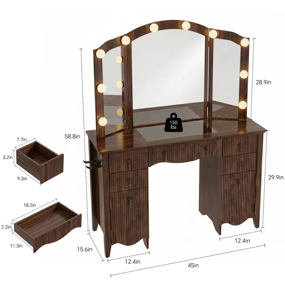 Avenall Vintage Makeup Vanity Desk with Arched Tri-Fold Lighted Mirror, Glass Top, Fluted Drawers, Hair Dryer Holder & Built-In Power Outlet - Walnut  Wooden Bazar