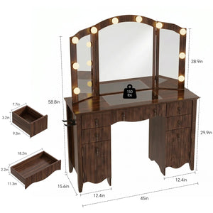 Avenall Vintage Makeup Vanity Desk with Arched Tri-Fold Lighted Mirror, Glass Top, Fluted Drawers, Hair Dryer Holder & Built-In Power Outlet - Walnut  Wooden Bazar