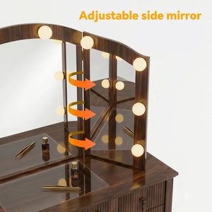 Avenall Vintage Makeup Vanity Desk with Arched Tri-Fold Lighted Mirror, Glass Top, Fluted Drawers, Hair Dryer Holder & Built-In Power Outlet - Walnut  Wooden Bazar