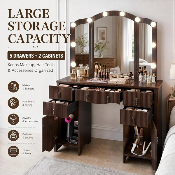 Avenall Vintage Makeup Vanity Desk with Arched Tri-Fold Lighted Mirror, Glass Top, Fluted Drawers, Hair Dryer Holder & Built-In Power Outlet - Walnut  Wooden Bazar