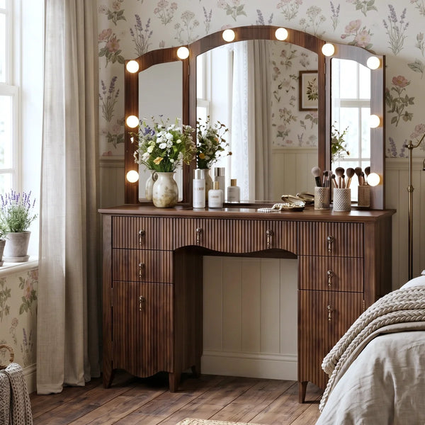 Avenall Vintage Makeup Vanity Desk with Arched Tri-Fold Lighted Mirror, Glass Top, Fluted Drawers, Hair Dryer Holder & Built-In Power Outlet - Walnut  Wooden Bazar