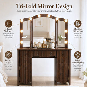 Avenall Vintage Makeup Vanity Desk with Arched Tri-Fold Lighted Mirror, Glass Top, Fluted Drawers, Hair Dryer Holder & Built-In Power Outlet - Walnut  Wooden Bazar