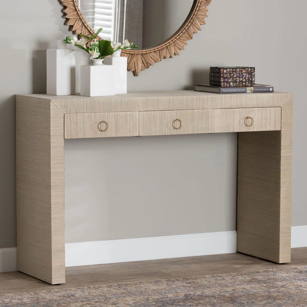 Bali & Pari Cielo Bohemian 3-Drawer Grasscloth Console Table  Wooden Bazar