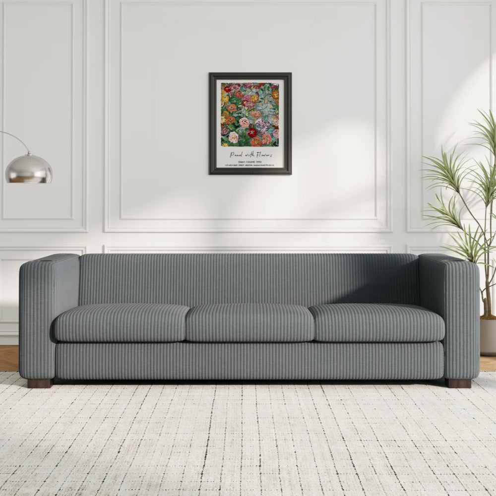 Bernal Upholstered 3-Seater Sofa With Wooden Frame & Cup Holders